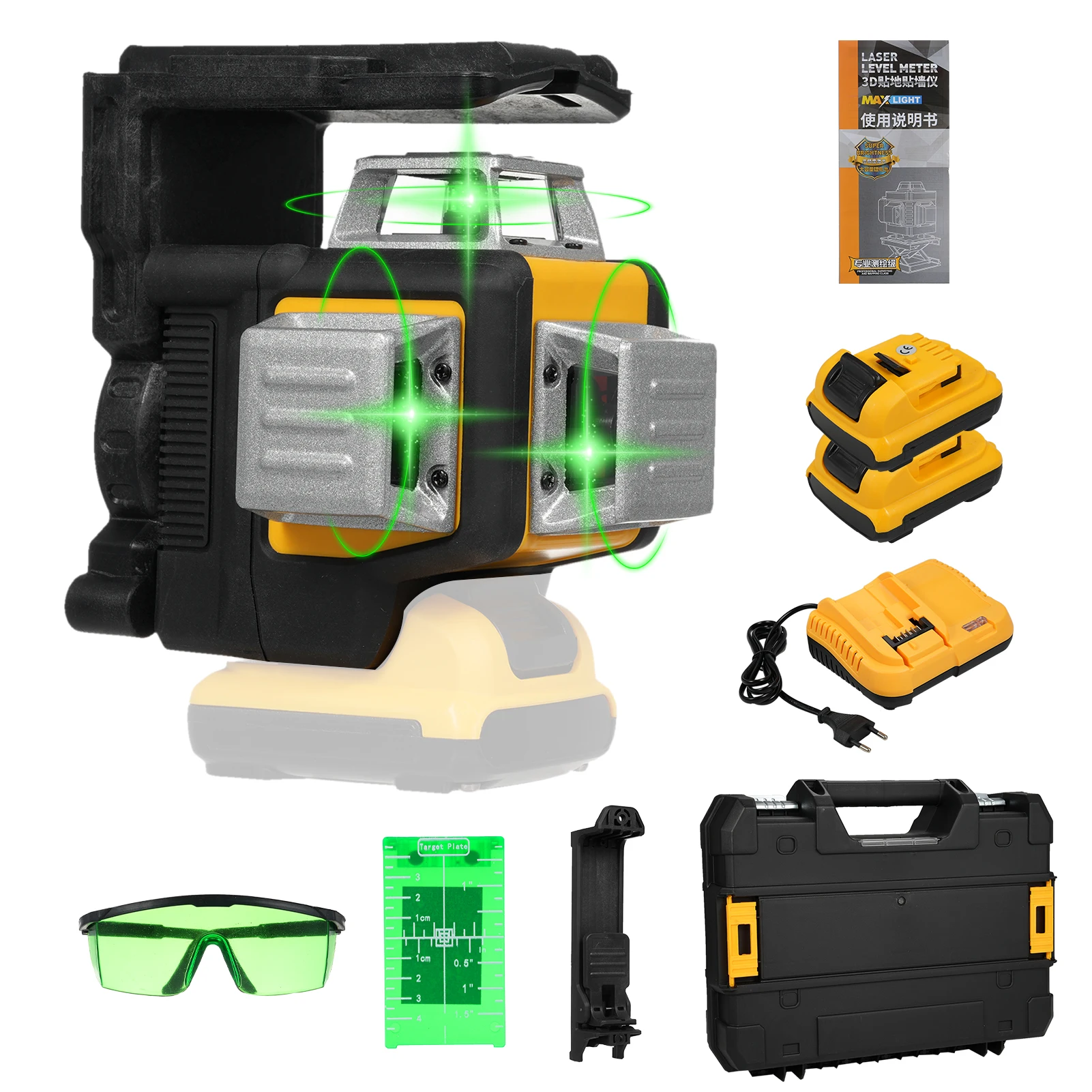 12 خطًا مستوى ثلاثي الأبعاد التسوية الذاتية 100 قدم خارجي قوي في الداخل مستوى خط شعاع أخضر 3x360 °   أداة المستوى الرأسي الأفقي لـ Con