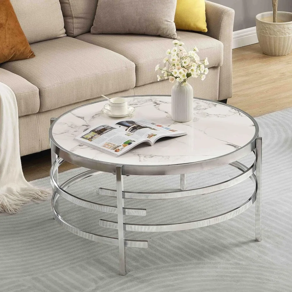

Coffee Table Marble Stone Silver Living Room Table Modern Round Sofa Side Table, Chrome Metal Frame Center Cocktail Table Furnit