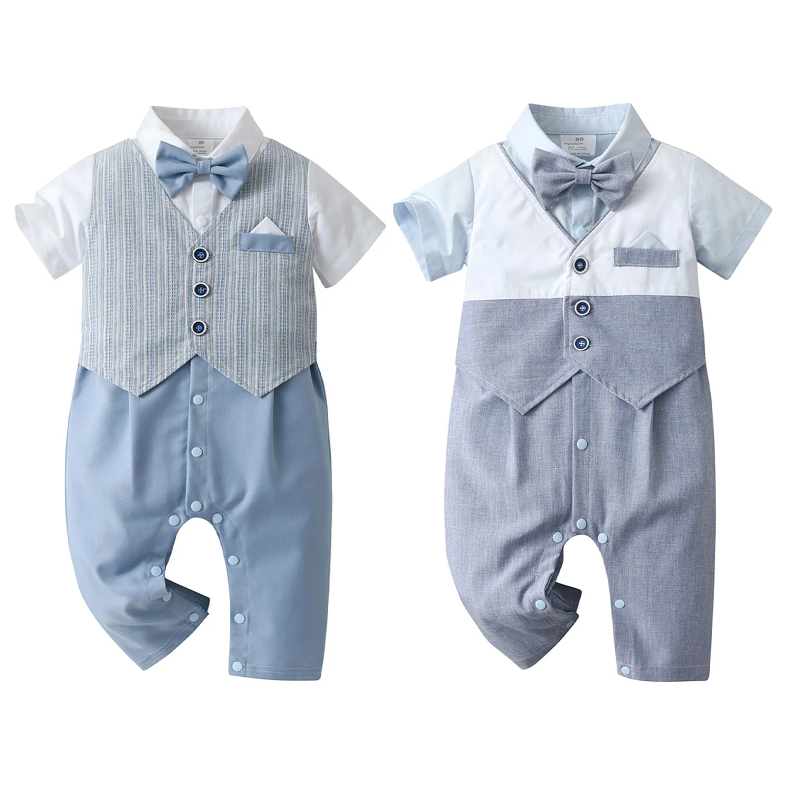 

Baby Boys Summer Gentleman Suit Short Sleeve Shirt Romper Jumpsuit with Bow Knot Fake Waistcoat Clothes for Birthday Party