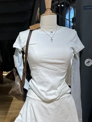 Fake Two Piece Solid Slim T-shirt Women Crew Neck Waffle Patchwork Long Sleeve Tee Shirts Preppy Style Sweet Basic Tops Y2K New