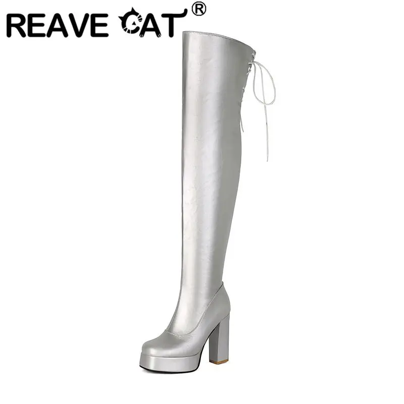 REAVE CAT Women Thigh Boots Square Toe 11.5cm Block Heel 3cm Platform Zipper Big Size 46 47 48 Silver Black Over Knee High Botas