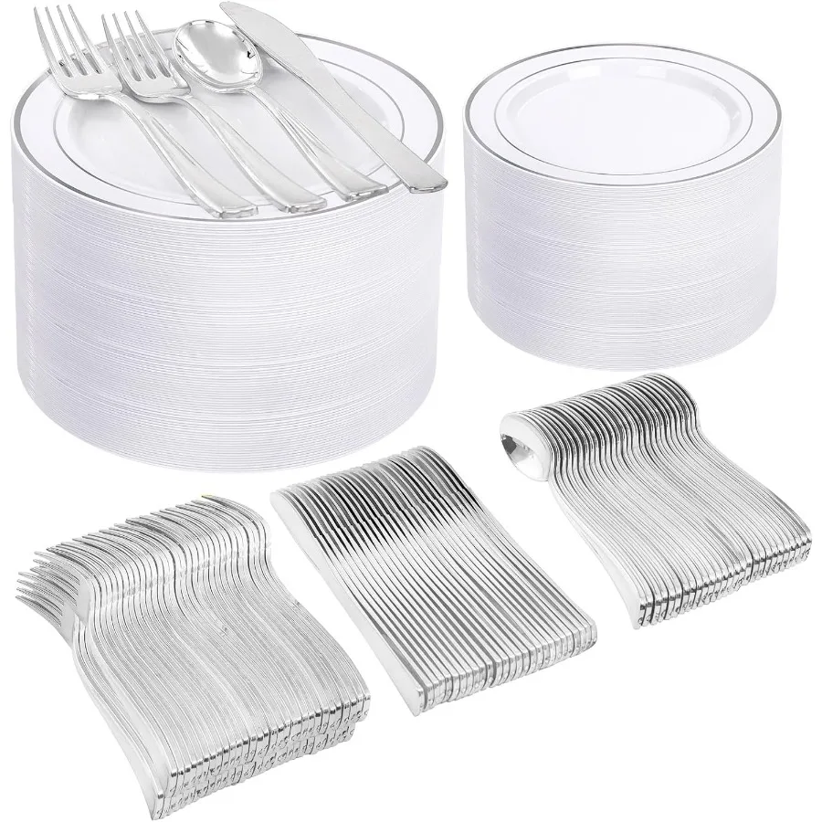 

600pcs Silver Dinnerware Set for 100 Guests Silver Plastic Plates Plastic Silverware Set of 100 Dinner Plates 100 Salad Plates