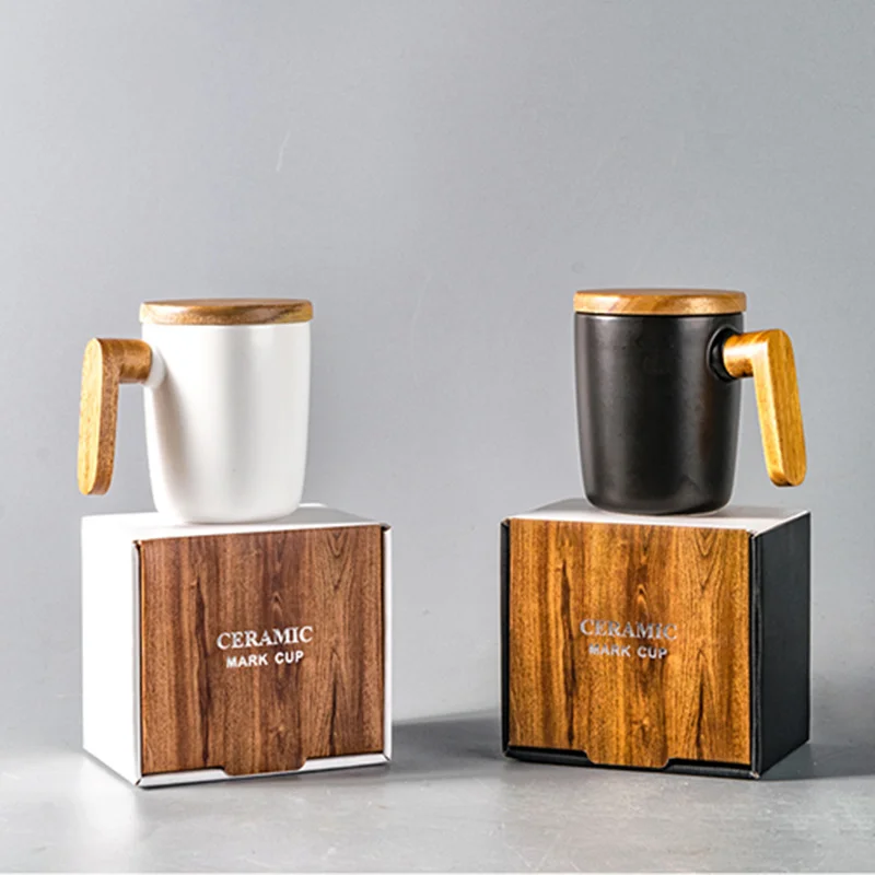 350ml Ceramic Coffee Mug With Acacia Wooden Handle And Lid White Black Couple Office Home Milk Tea Cup With Beautiful Gift Box