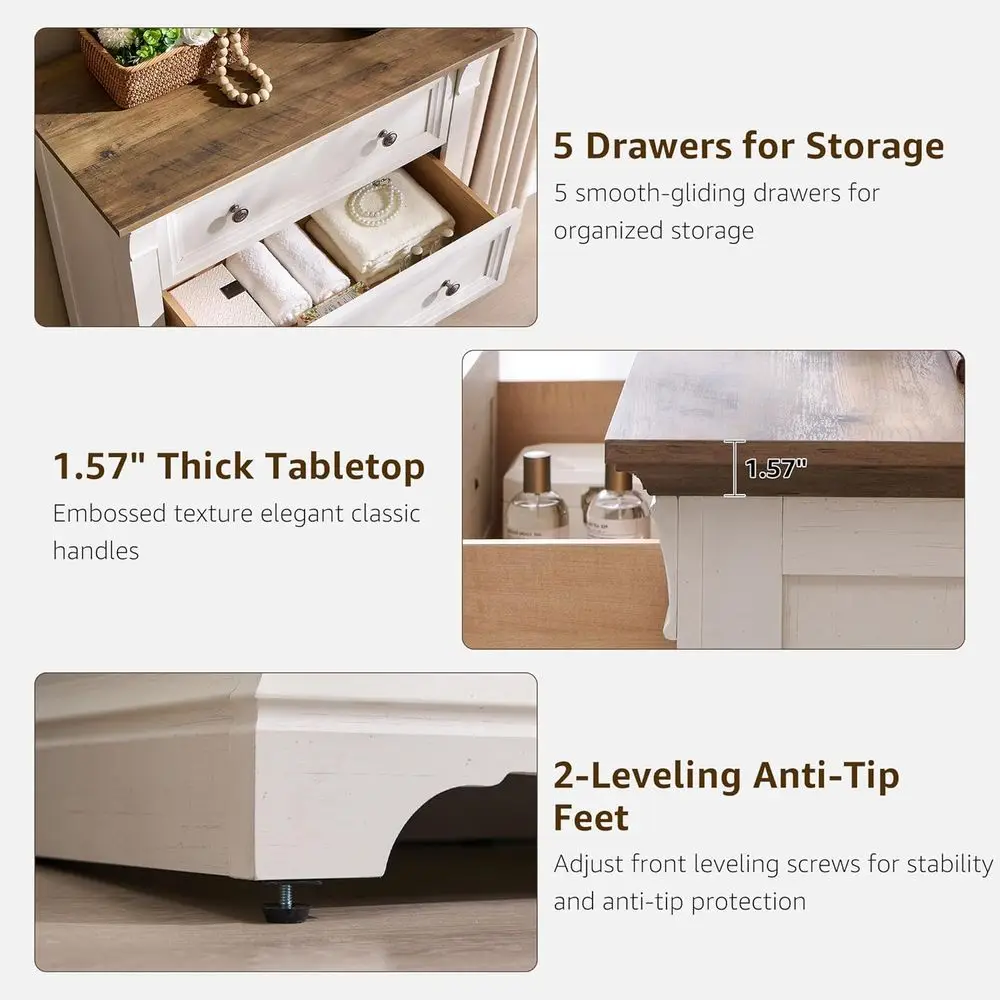 47インチのアンティークホワイトの素朴な寝室用木製引き出し、十分な収納スペース付き