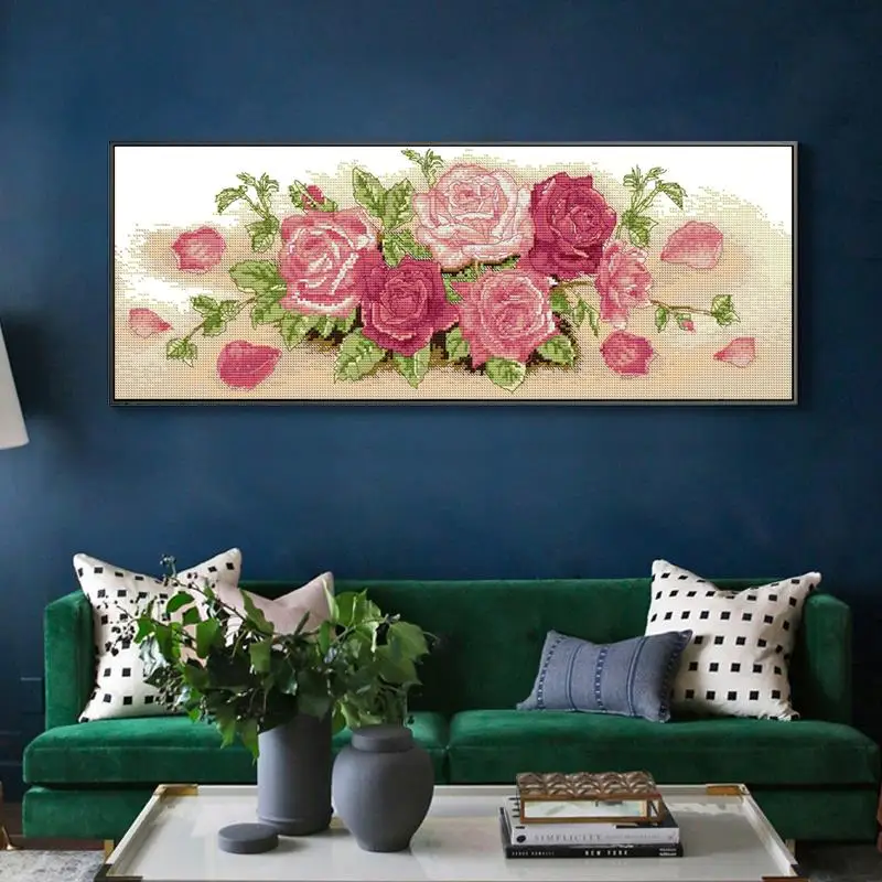 Pink Roses Flower Pattern Cross Stitch Embroidery Set 14CT 16CT 11CT Canvas Printed Fabric Sewing Kit DIY Home Decorative Crafts