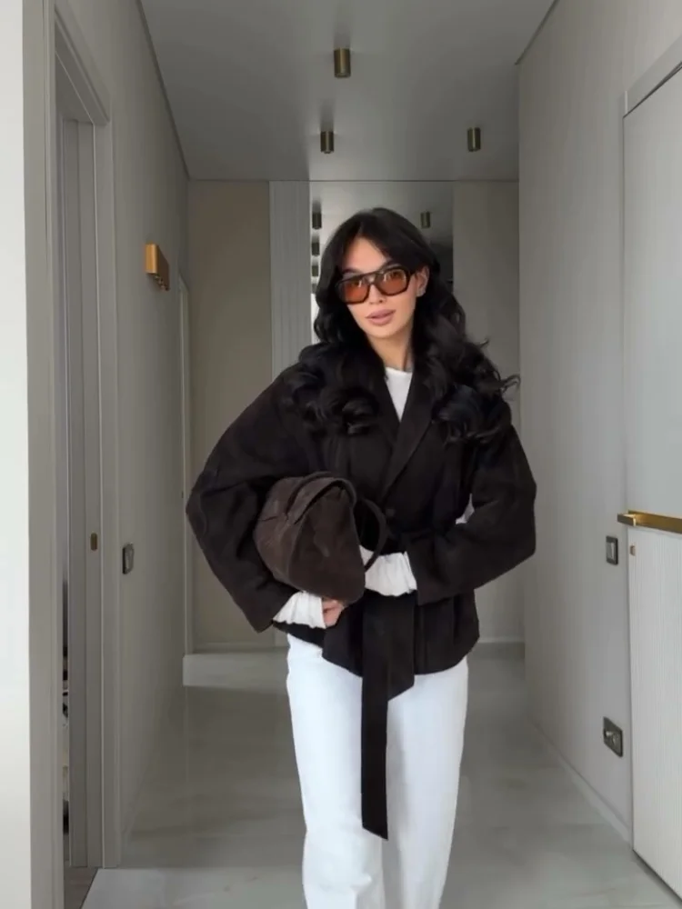 Casual Lady  Office Solid Coat Chic Outerwear Outfit Vintage Women's Cropped Suede Belted Jacket Coats Notched Lapel Oversized