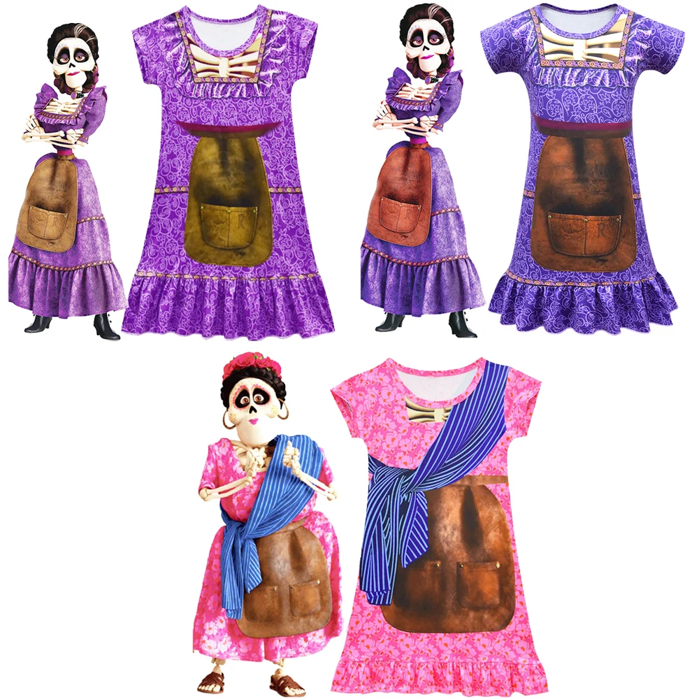 CoCo Mama Imelda Cosplay Costume Girls Skeleton Dresse Music Dreaming Around Halloween Party Fancy Dress For Kids Purple