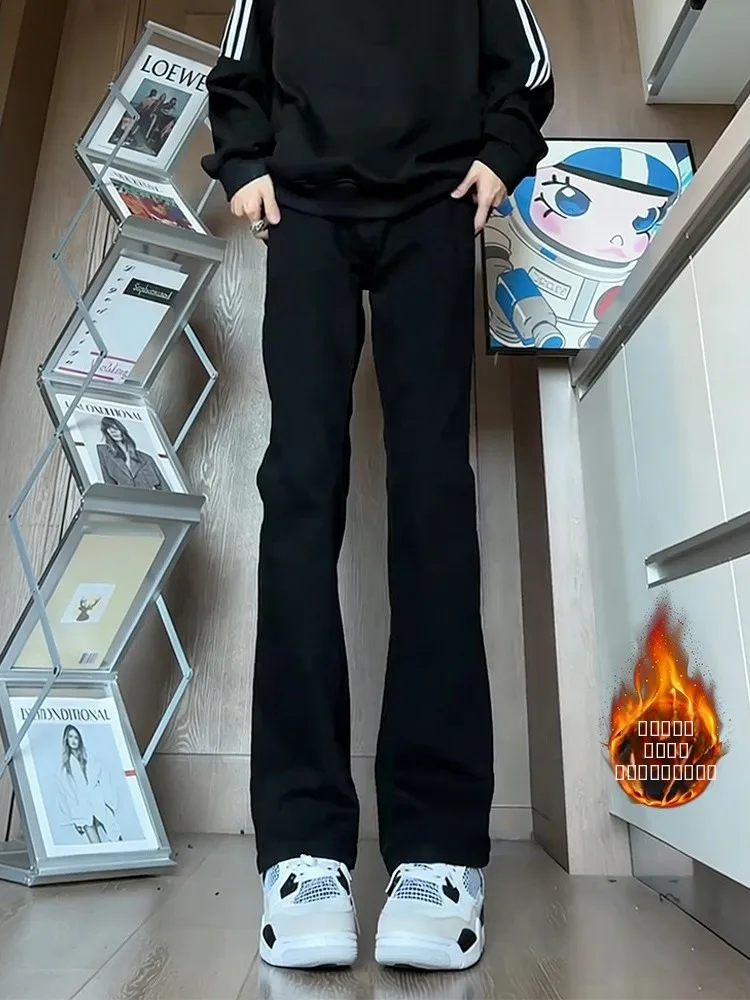 

American High Street Fce Lined Bell Bot Jeans Men's Autumn Winter Slimming Knife Jeans Casual Straight Fit Jeans