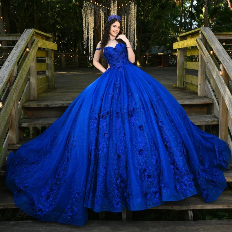

Королевское синее блестящее платье Quinceanera, бальное платье с открытыми плечами, аппликация, цветок, бисер, тюль, вечерние, день рождения, милое платье 16, Vesti