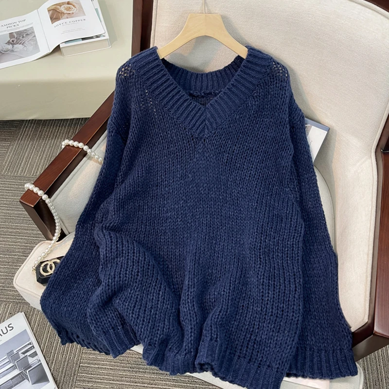 

Women's V-Neck Pullover Loose Knit Sweater Harajuku Vintage Y2k Korean Style Cashmere Sweater 2000s Clothes Winter Autumn 2025
