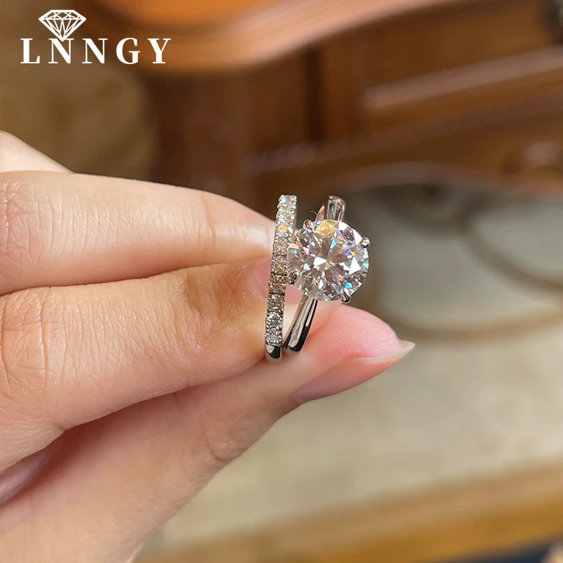 

Lnngy 8mm 2ct Round Cut Moissanite Ring Set With Certificate for Women Girls Sparkling Wedding Bridal Sets Jewelry Gift