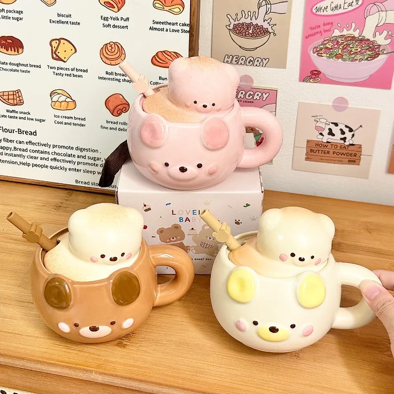 

1pcs Cute Bear Ceramic Mug Birthday Gift Water Cup Household Couple with Lid Safe Material Atmosphere
