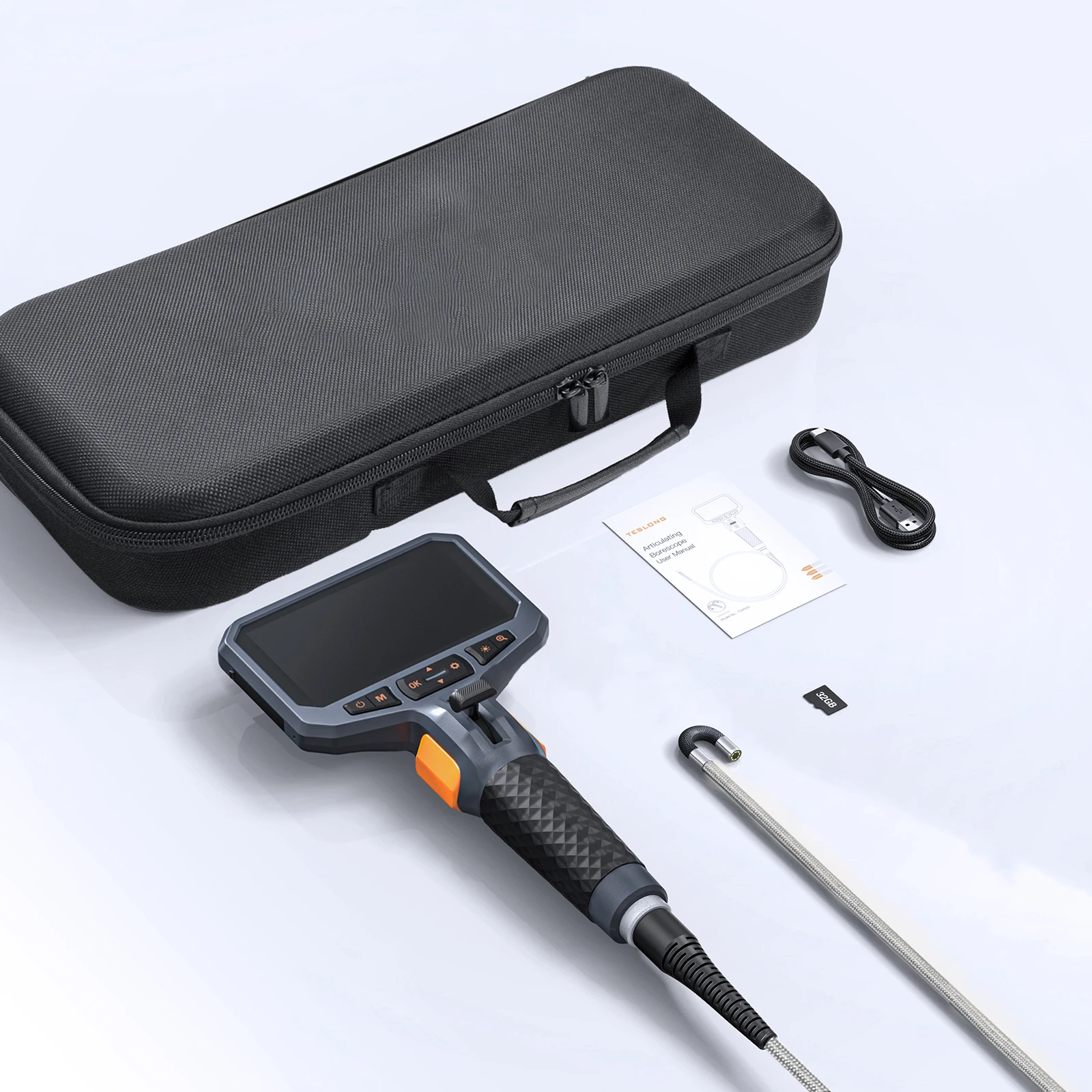 TESLONG TD450S Schermo IPS da 4,5 pollici 1080p Obiettivo da 5,5 mm Fotocamera per endoscopio articolato Tubo in acciaio inossidabile da 1 m per tubo dell'auto