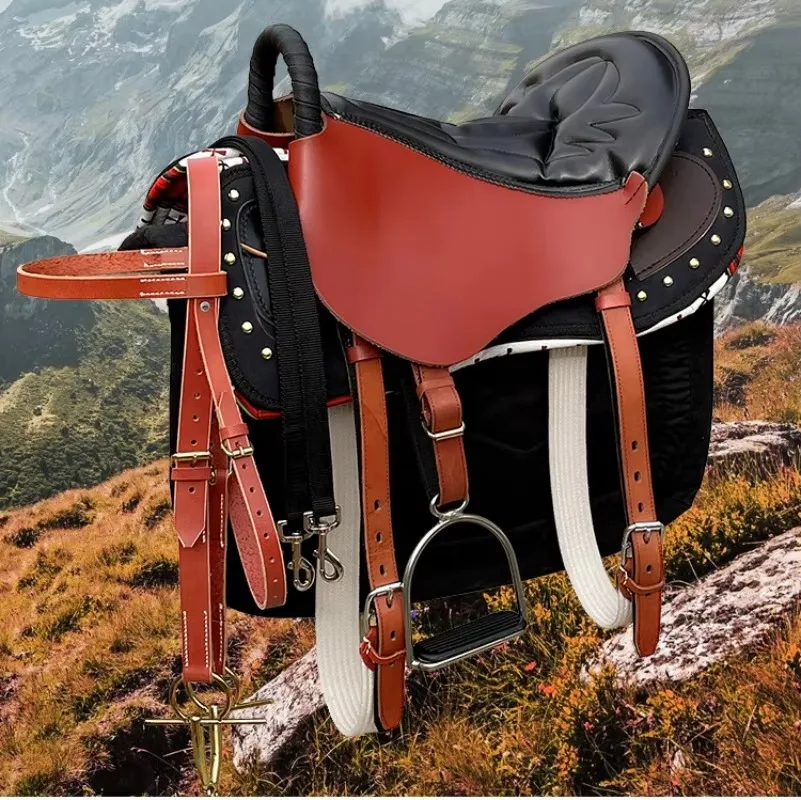 New Pommel Complete Cowhide Riding Saddle Stitched Genuine Leather Military Saddle Horse Harness For Medium Large Slim Horses