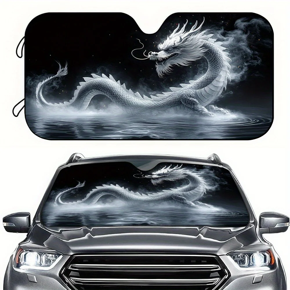 1pc Car Sunshade with Ink Dragon Playing with Pearl Design, High-Definition Printed Sun Visor Front Windshield Sunshade