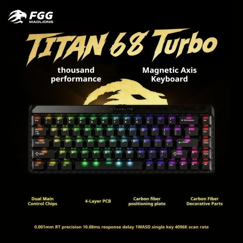 

MADCATZ TITAN68 Turbo-клавиатура с магнитной осью, плата из углеродного волокна RT0,001 мм, специальная игра, 68 клавиш, проводная, 0,08 мс, задержка передачи