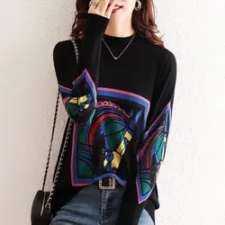 T-shirt coreana con collo mezzo alto abbigliamento donna moda colori a contrasto stampato autunno inverno pullover Casual a maniche lunghe