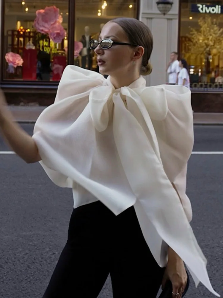 

Элегантная женская блузка с бантом и шнуровкой, свободного кроя, с воротником-стойкой и пышными короткими рукавами, летняя коллекция 2026, универсальный топ для женщин, новинка