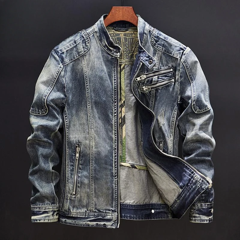 Men's Denim Jacket Biker Vintage Zipper Motorcycle Slim Fit Male Jean Coats in Lowest Price of Fabric Branded Low Cost on Board