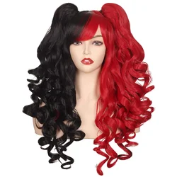 Kyo  Long Curly Cosplay Wig with 2 Ponytails for Women Half Black Half Red Hair for Harley Quinn