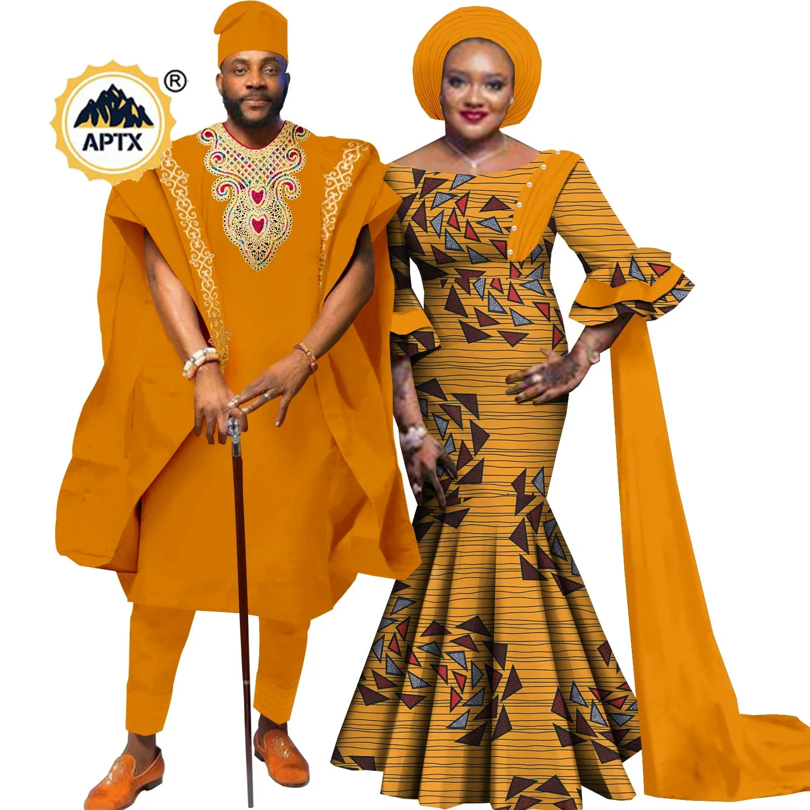 African Couple Clothes Dashiki Women Print Long Dresses with Headwrap Matching Men Outfits Abaya Robe Agbada Bazin RicheY22C079