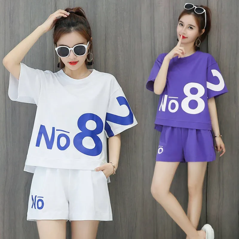 

Summer Women Clothing Set Short Sleeve T-Shirts+Shorts 2Pcs Suit Ladies Casual Sportswear Letter Outfits Female Loose Tracksuit