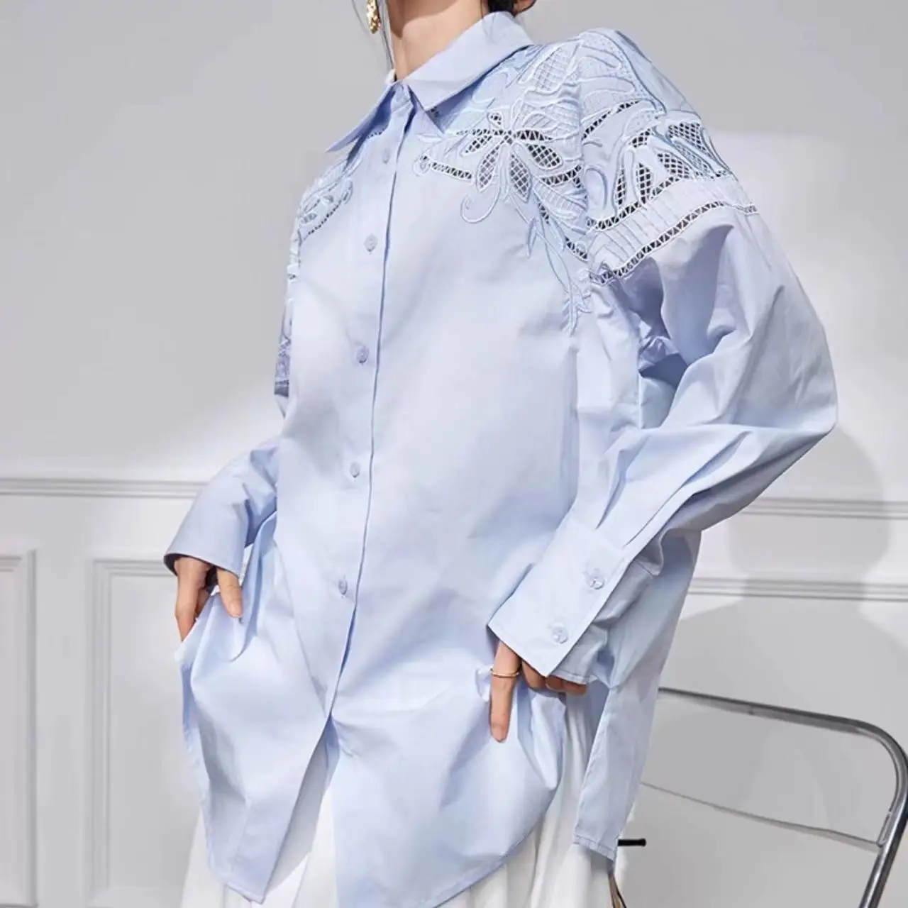 Luxury Style Hollow Out Embroidery Cotton Shirts and Blouses For Women Long Sleeve Blue Buttons Up Top Blusas Woman Clothes