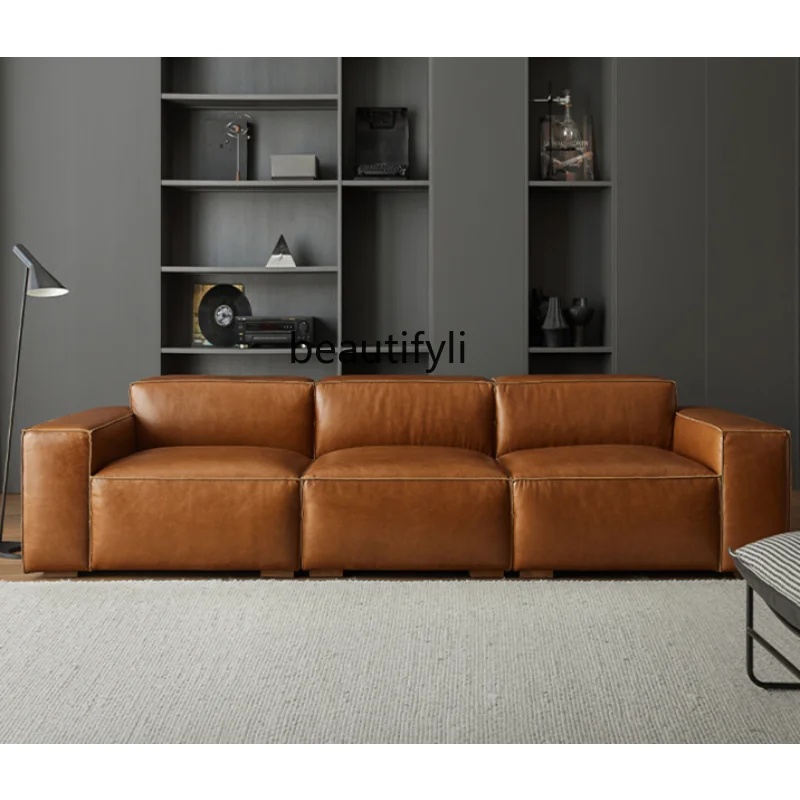 Tofu Block Leather Sofa Oil Wax Leather Nordic Retro Expression Living Room Large Sitting Deep Straight Row Four-Seat