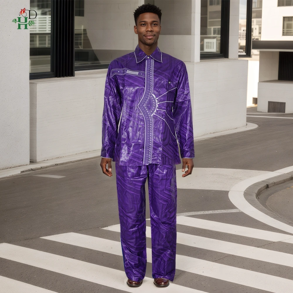 H&D African Mens Clothing Traditional Ankara Dashiki Men Shirt Embroidery 2 Piece Shirt Trousers Fashion Print Bazin Blue view 2