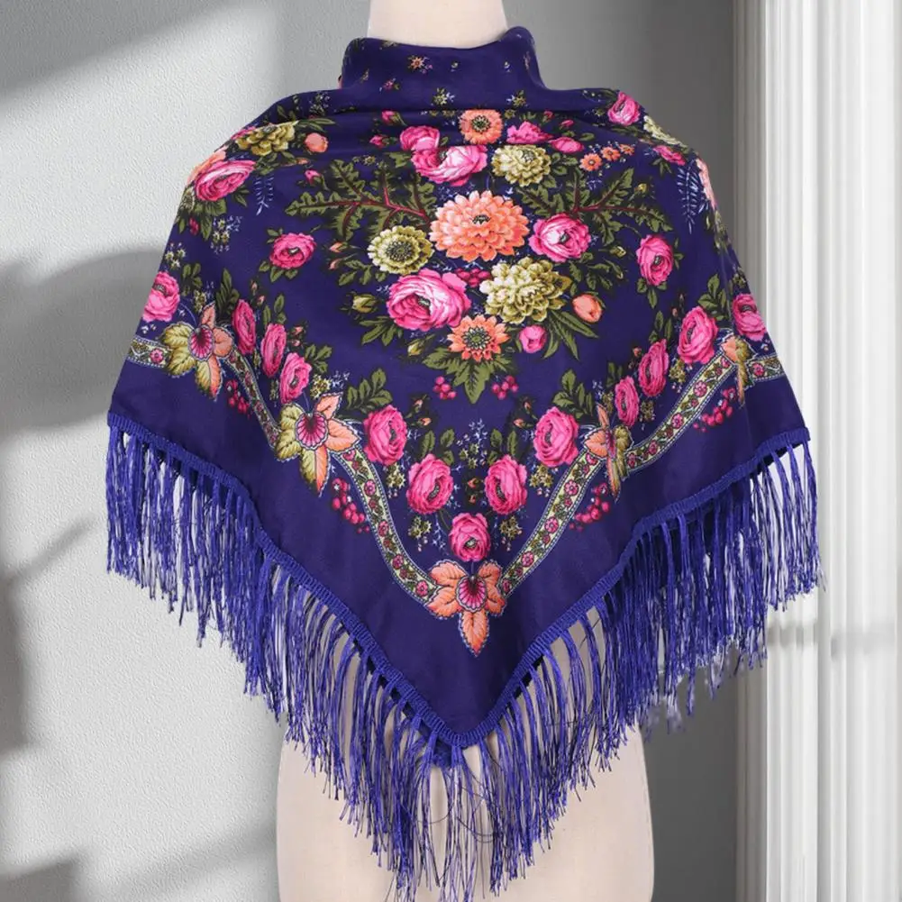 Ethic Style Floral Print Shawl Fringed Elegant Soft Women Blanket Scarf Fall Winter Middle-Aged Women Square Shawl Neck Wrap