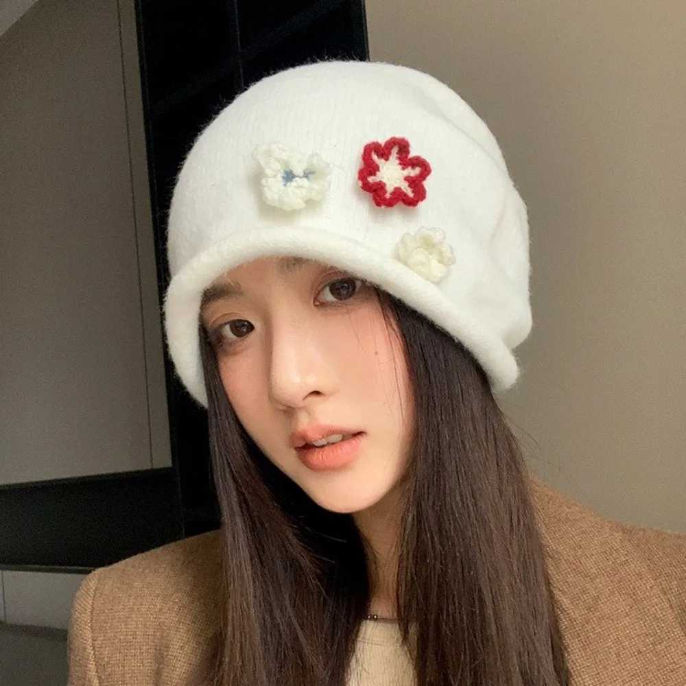

Sweet Korean Style Knitted Hat Flower Design Ear Protection Beanie Hat Keep Warm Knitted Bucket Hat Winter
