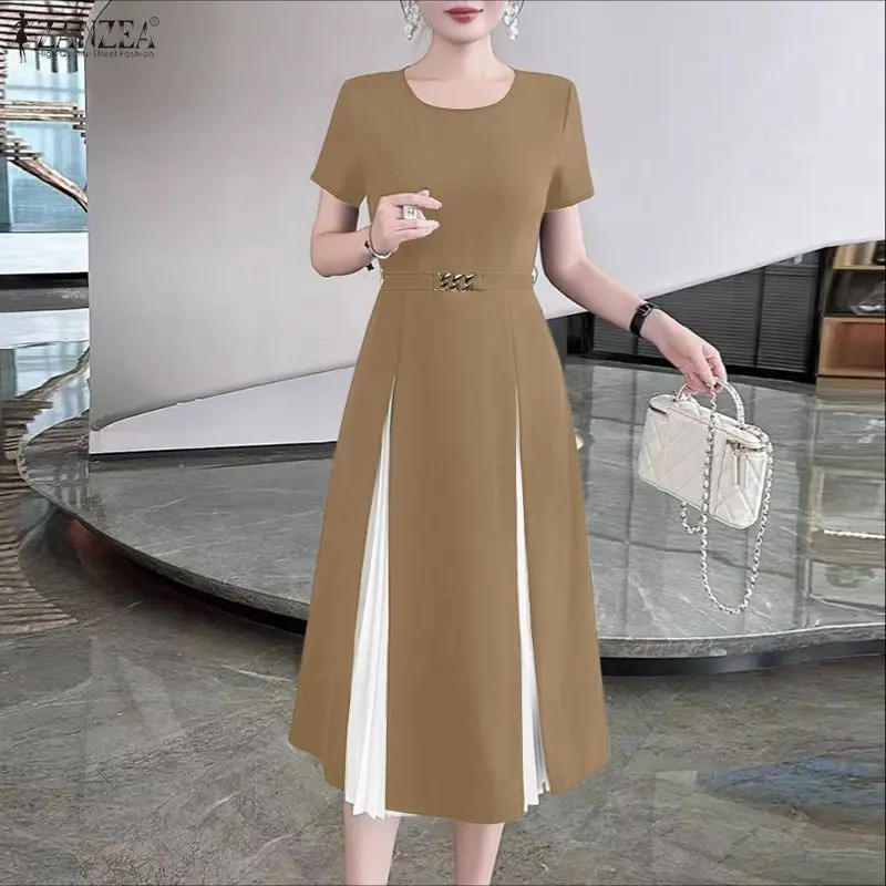 ZANZEA Elegant Summer Women Long Dress Fashion Sundress Short Sleeve Belted Patchwork Casual Pleated Midi Party Vestido Oversize