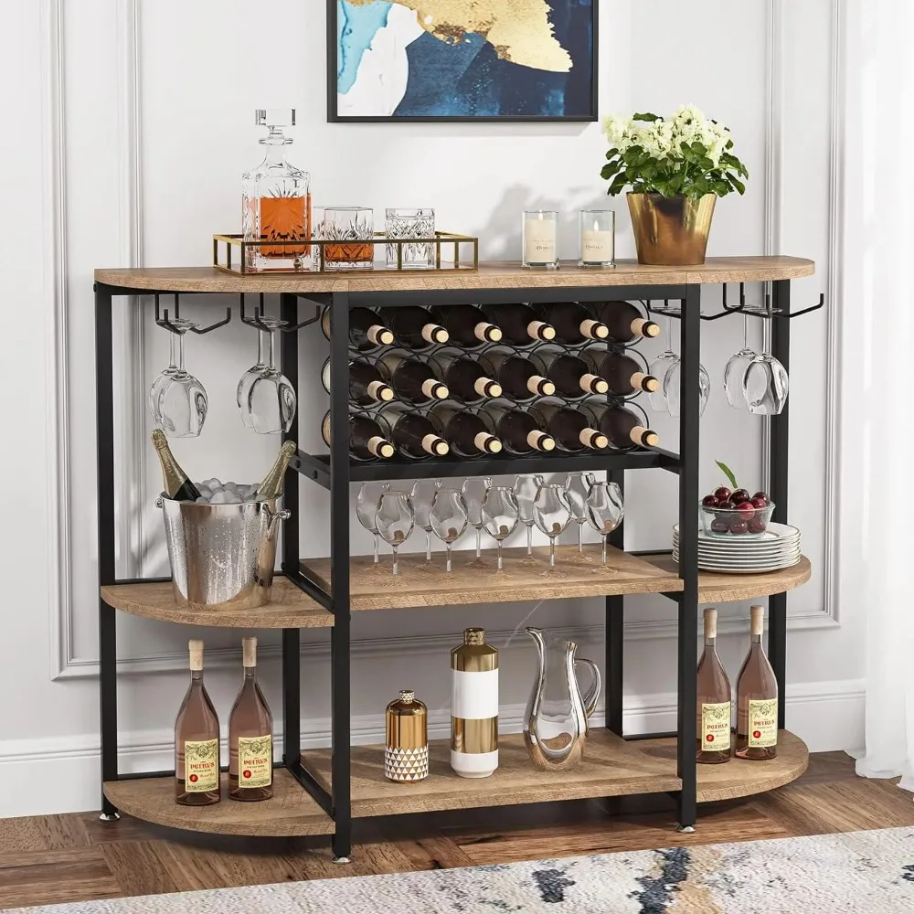 Wine Rack Table, 47 Inch Industrial Wine Bar Cabinet with Storage, Freestanding Floor Bar Cabinet for Liquor & Glasses for Home