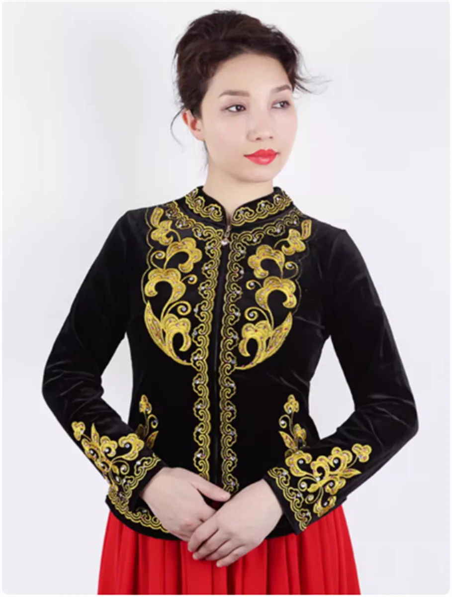 Chaqueta de baile China Xinjiang para mujer, Tops bordados de oro para escenario, Primavera, Uygur