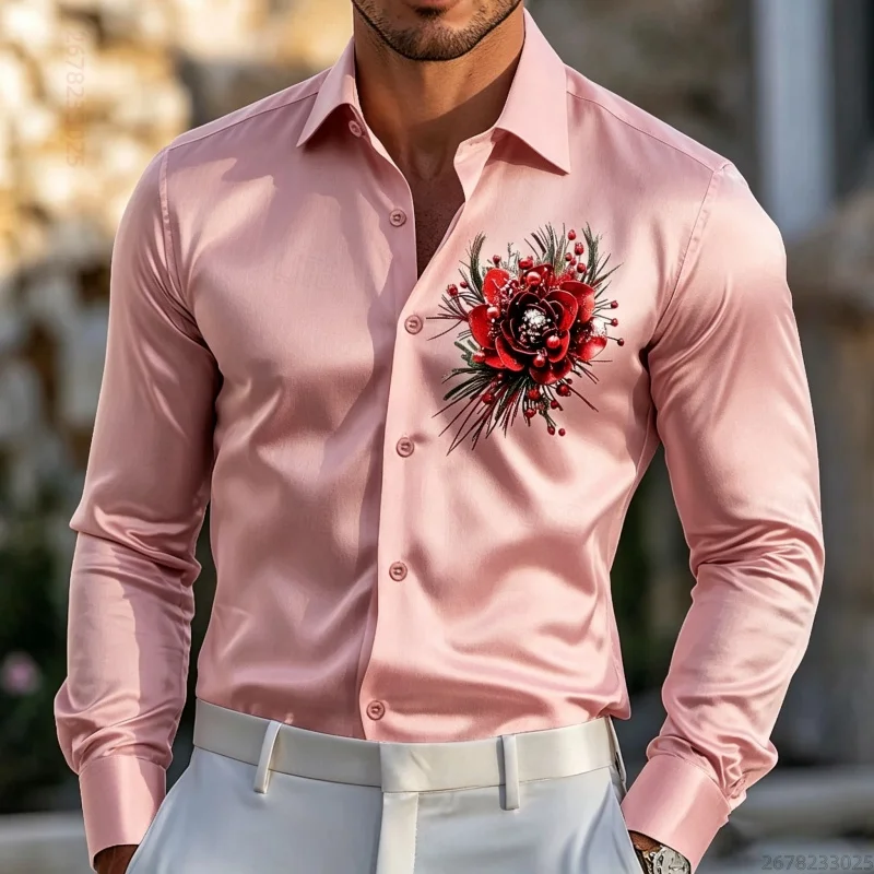Men's Red Floral Print Long-Sleeve Shirt - Suitable for Commute, Business, Workplace, Party, Casual, Stylish, and Versatile