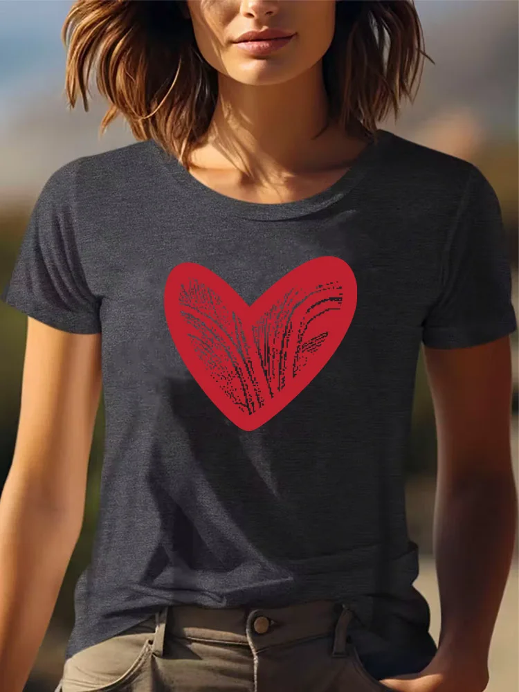 T-shirt casual grafica da donna con motivo a cuore Abbigliamento per tutte le stagioni Manica corta Girocollo T-shirt grigia 180g Abbigliamento per tutte le stagioni