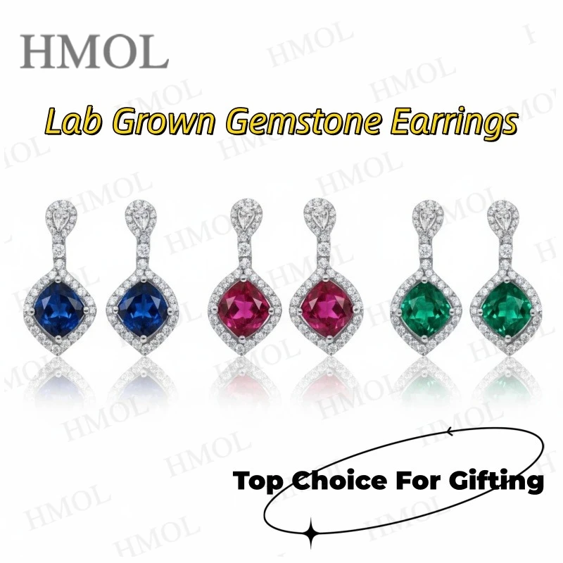 

1.8-2.7CT Customized Earrings with Main Chubby Square Ruby/Sapphire/Colombia Side D White Moisanite Highend Jewelry Fishion Gift