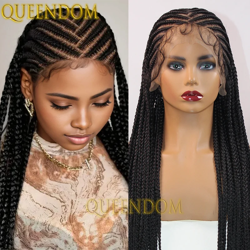 

360 Lace Front Synthetic Braided Wig Knotless Middle Parted Cornrow Braid Wigs For Africa Women Faux Locs Box Braids Goddess Wig