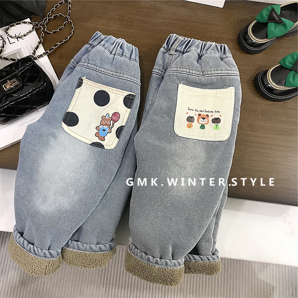 Children Girls Jeans Winter Infant Babys Girls Denim Pants Cotton Thicken Warm Toddler Kids Girls Straight Pant Integrated Pant