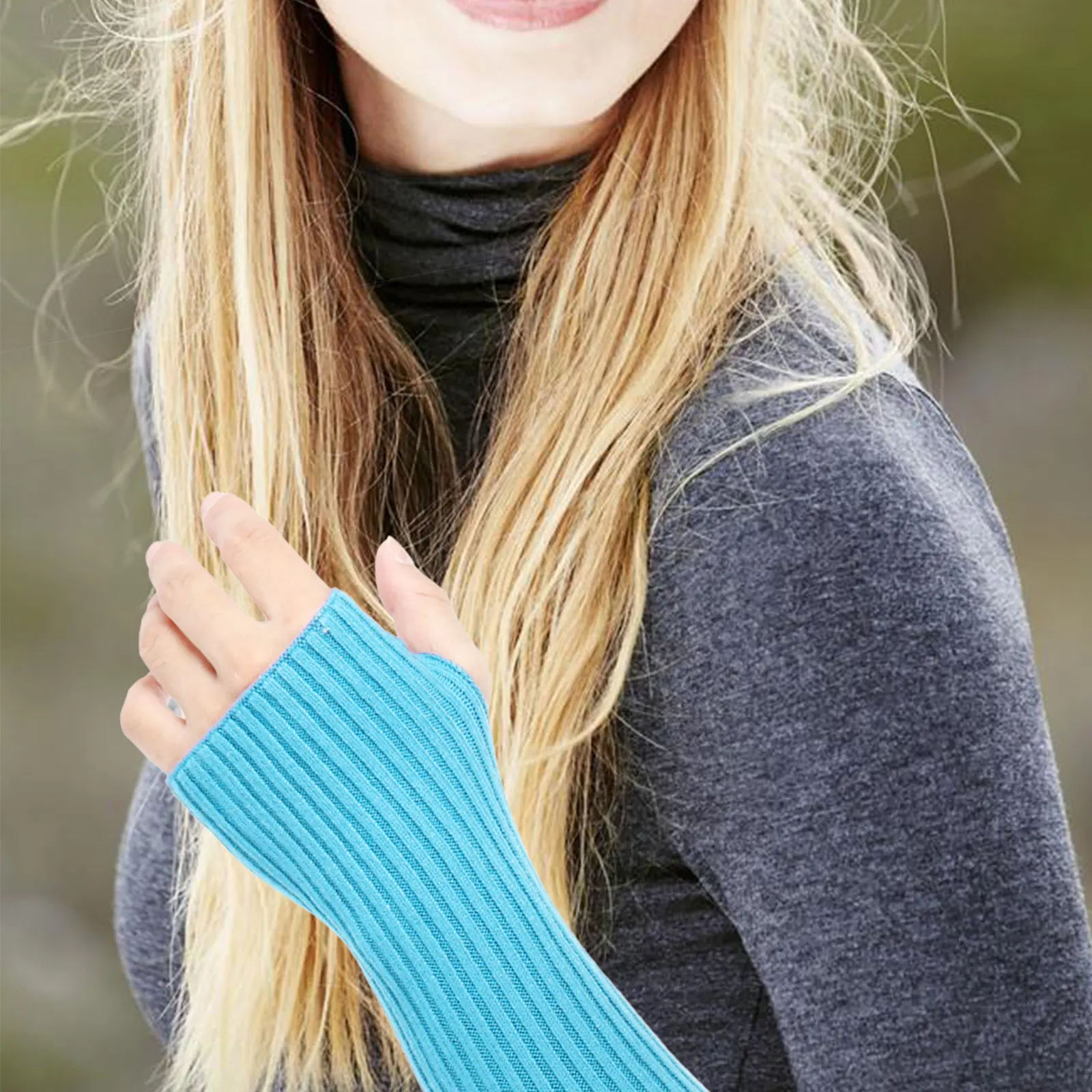 

Long Fingerless Gloves Thumb Hole Arm Warmer Winter Blue Knit Protector Warm Woolen Elastic Soft Material Jogging Bicycling