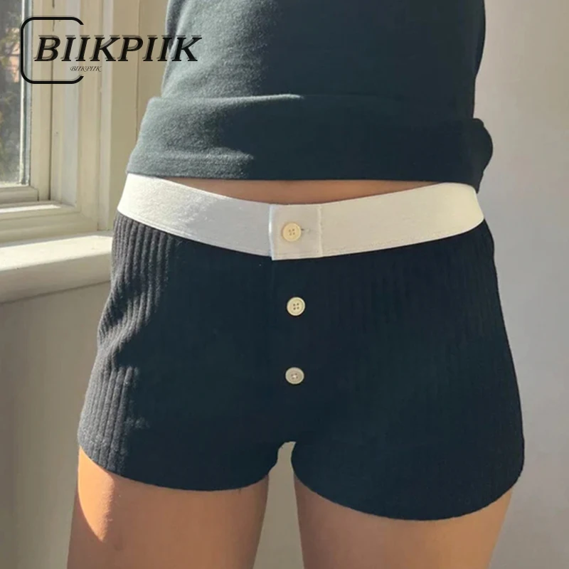 BIIKPIIK-pantalones cortos de punto de color contrastante para el hogar, Shorts ajustados de cintura baja con botones, a la moda, combinan con todo