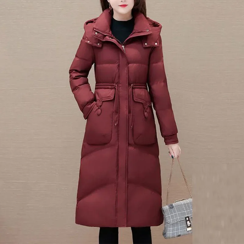 

Down Cotton Hoodies Parkas Women Slim Show Off Weight Fashion Western Style Drawstring Corset Thicken Winter Over the Knee Coat