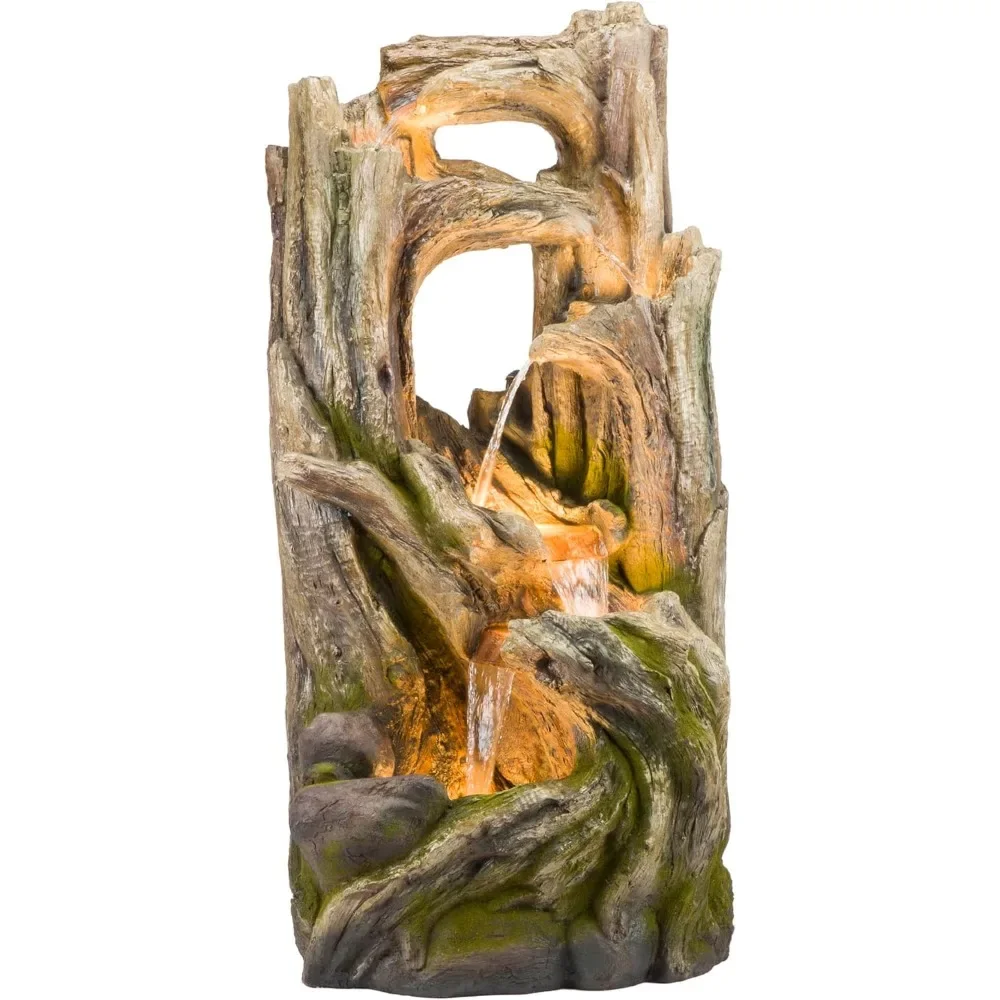 Indoor/Outdoor Floor 5-Tiered Tree Bark Water Fountain, Mossy Wood Garden Fountain 59