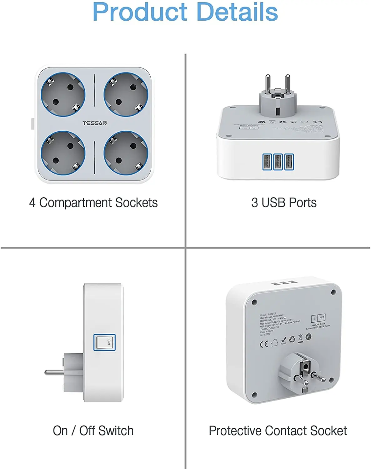 TESSAN EU KR Plug Power Strip with AC Outlets & USB Ports (5V/2.4A) Multiple Wall Socket Extender for Smartphone Laptop