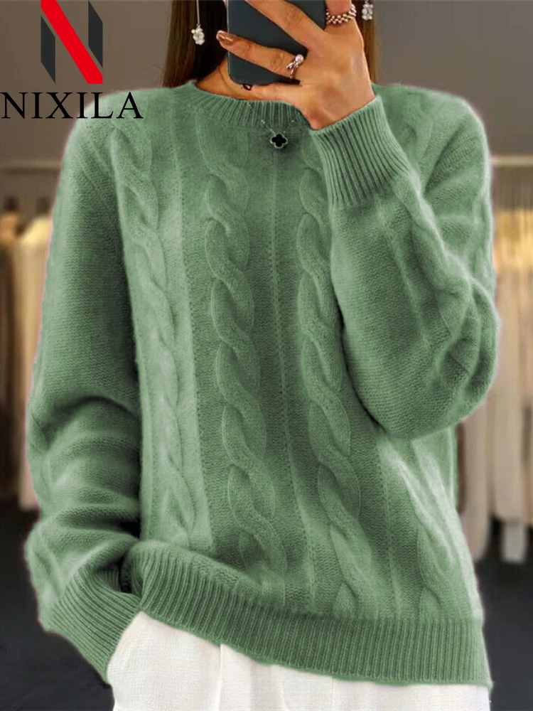 New Autumn Winter Knitted Sweaters Women's Thick Warm Cropped Pullovers O-Neck Long Sleeved Tops Thread Sweater Women Clothing