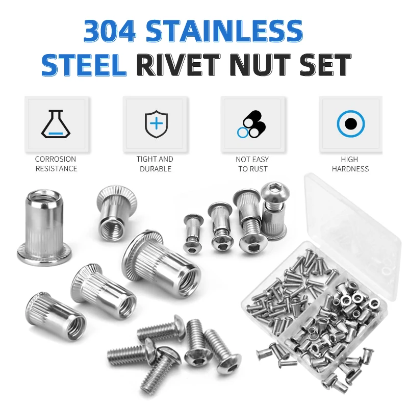 8-32 10-24 1/4 5/16-18 304 Stainless Steel Pop Rivnut Metric Threaded Insert Nutsert Flat Head Rivet Nut with Bolt Screw Box Kit