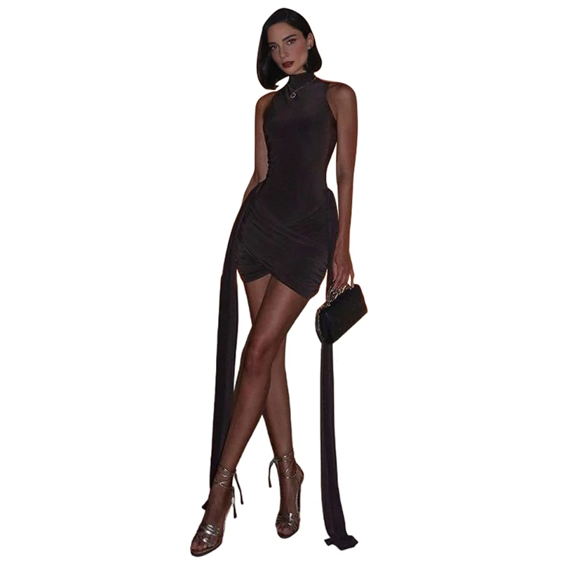 ASDS-Damen, figurbetontes, hochgeschlossenes, ärmelloses Bandage-Midi-Cocktailpartykleid mit Rüschen