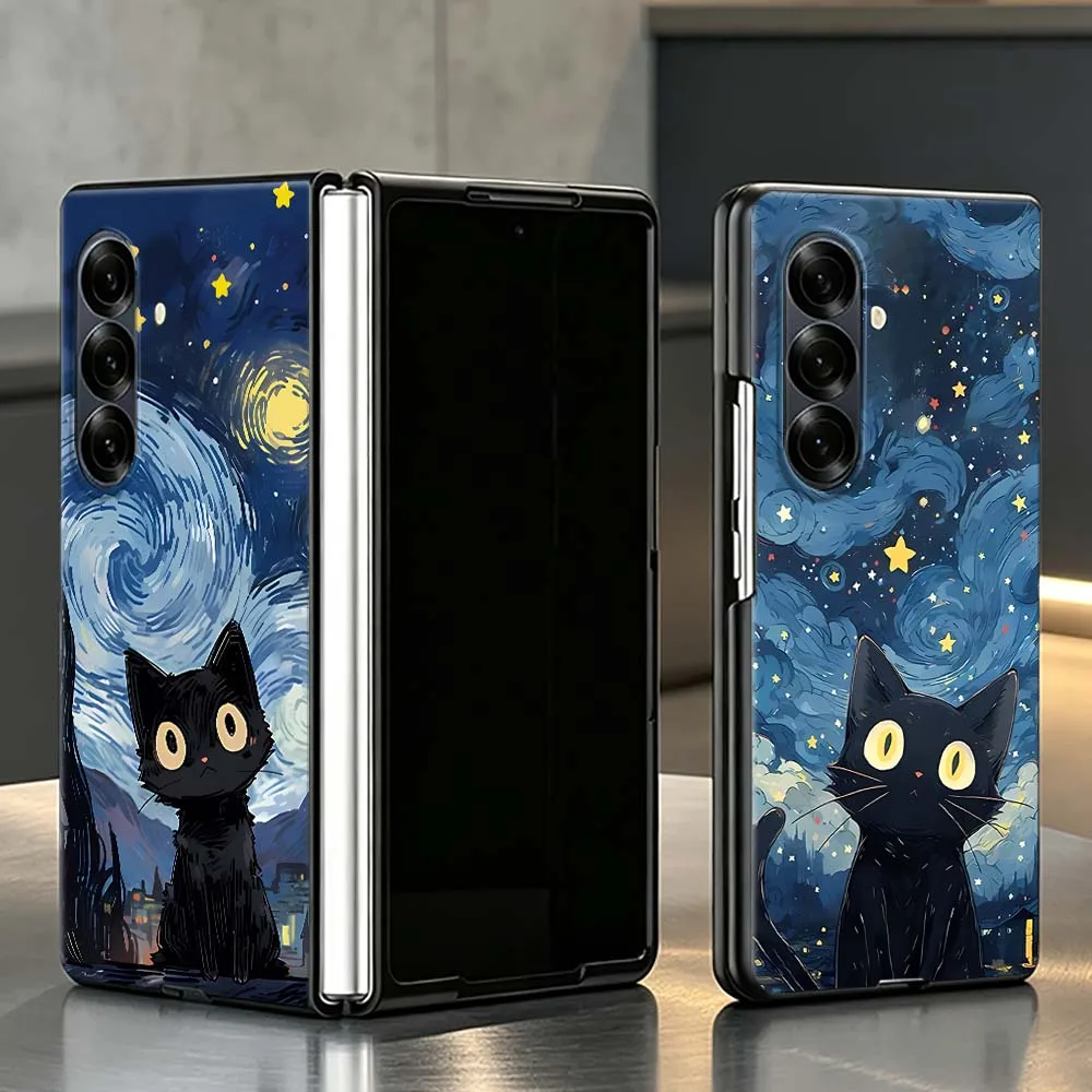 Cartoon Black Cat Night PC Foldable Hard Phone Case For Samsung Galaxy Z Fold 3 4 5 6 7 8 5G Non-slip Shockproof Black Shell