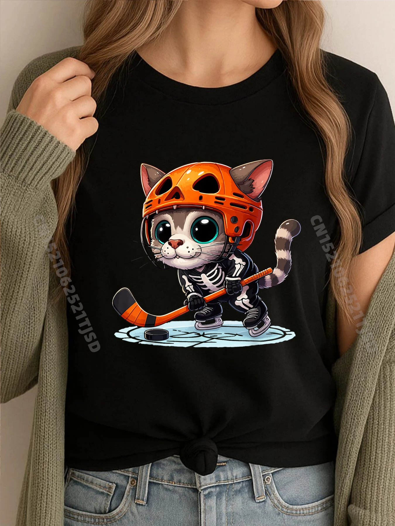 

Скелет Хоккей Тыква Кот Хэллоуин Спортивная Футболка Женская Уличная Одежда Досуг