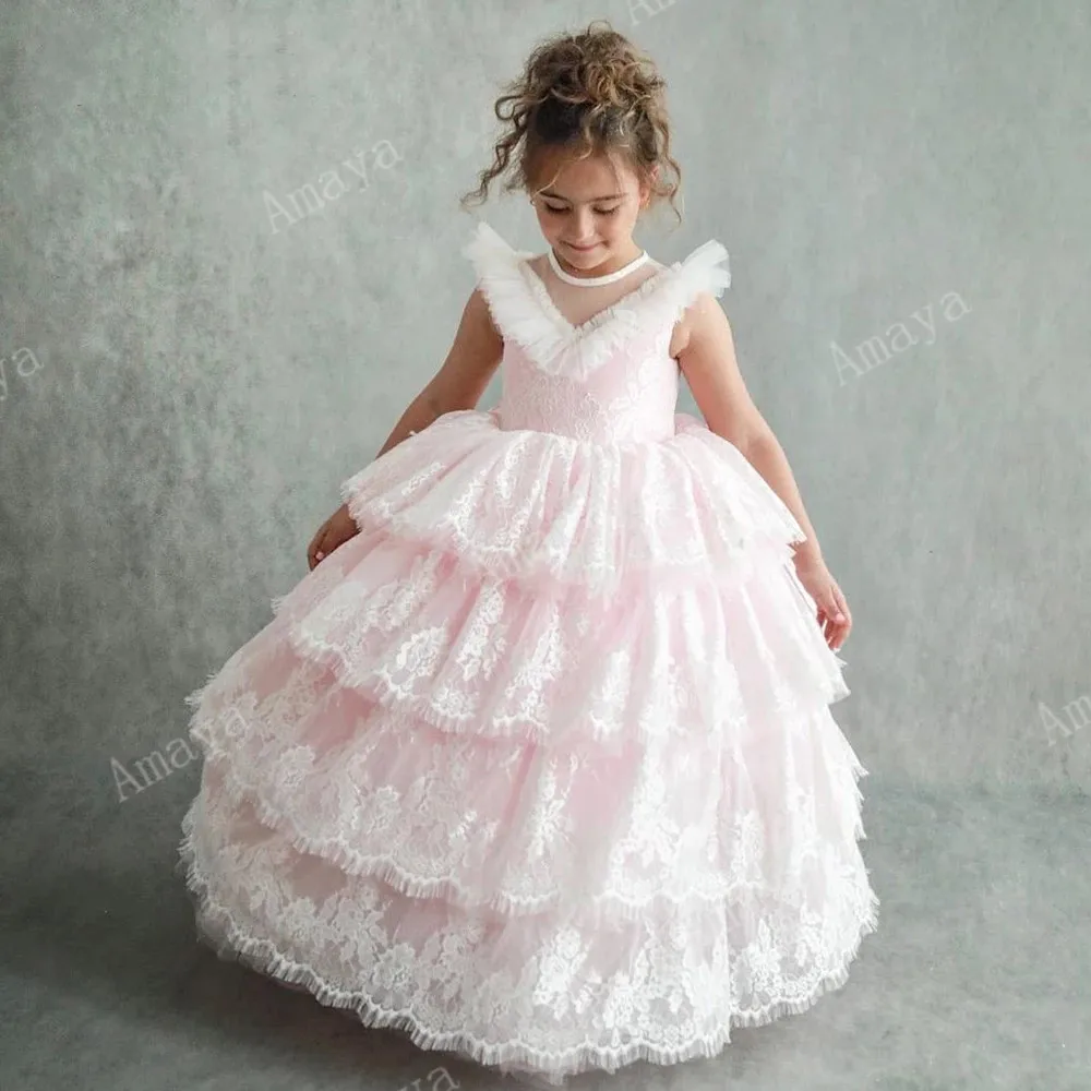 

Beloving Pink Lace Flower Girl Dresses Princess Sleeveless Tiered Long Holy Communion Pageant Gown Kids Prom Dress Vestidos Niña